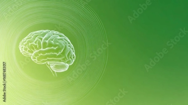 Obraz Floating brain illustration radiating waves on vibrant green bac