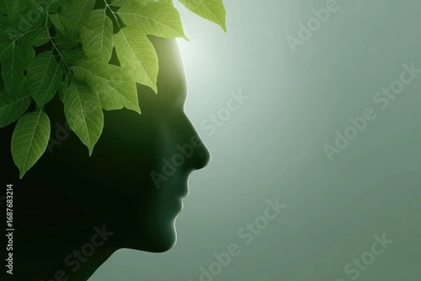 Obraz Silhouette of head adorned with lush green leaves symbolizing na