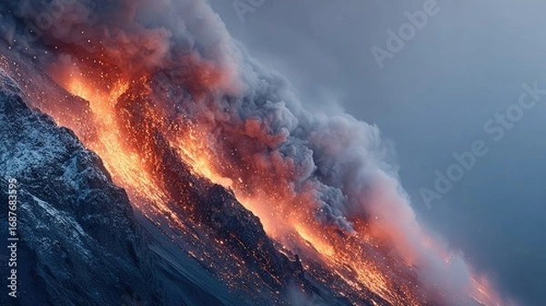 Obraz Fiery lava flows cascade down rocky slopes, engulfing surroundin