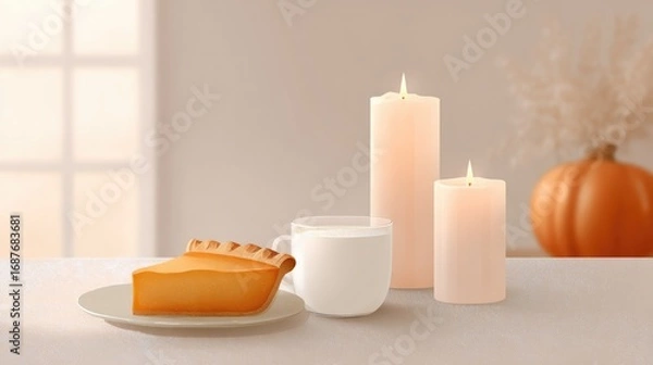 Obraz Warm autumn scene featuring pumpkin pie, cozy candles, and milk,