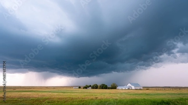Obraz Dramatic storm clouds loom over serene farmhouse amidst vast gre
