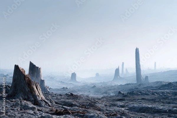 Obraz Desolate landscape features stark, jagged remnants of trees unde