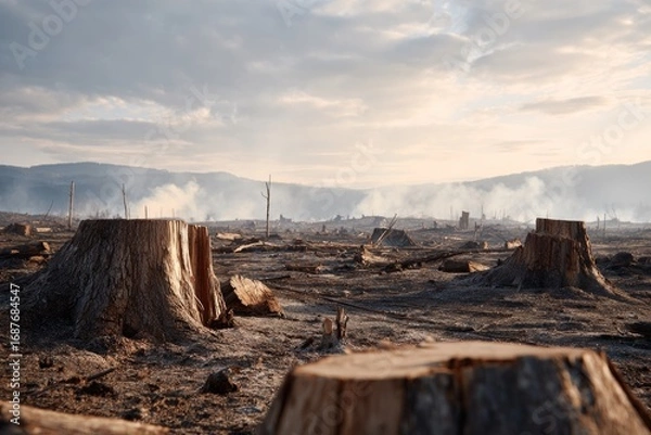 Obraz Desolate landscape marked by tree stumps under cloudy sky, hinti