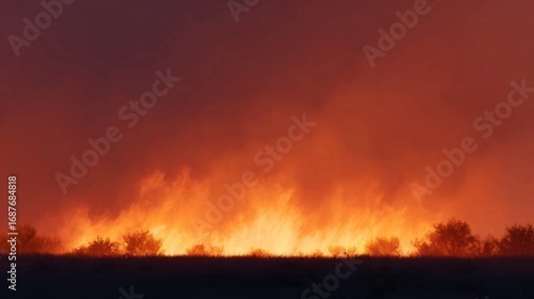 Obraz Flames engulf landscape under darkening sky, creating intense co