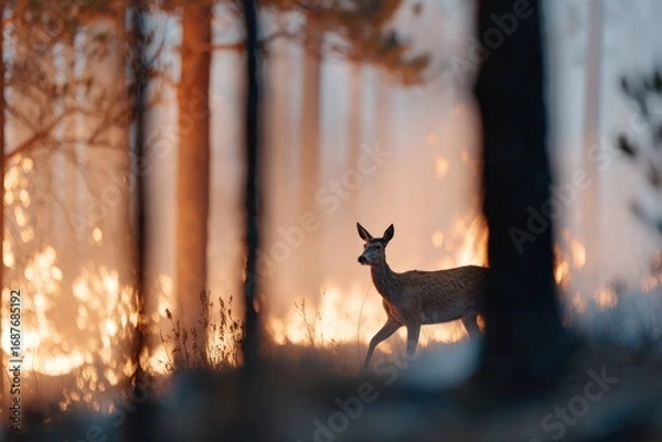 Obraz Amidst raging flames, deer gracefully navigates smoky forest, sh