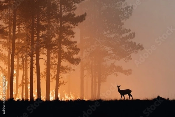 Obraz Silhouette of deer against fiery backdrop with trees creates str