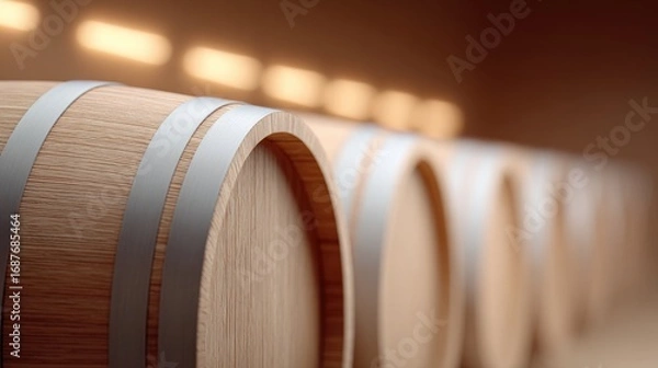 Obraz Warm wooden barrels lined up in soft light, showcasing craftsman