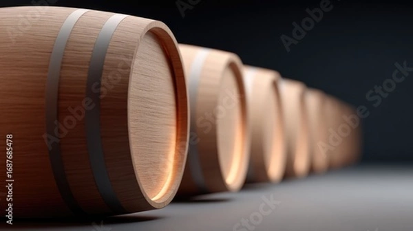 Obraz Wooden barrels aligned in dimly lit space, showcasing craftsmans