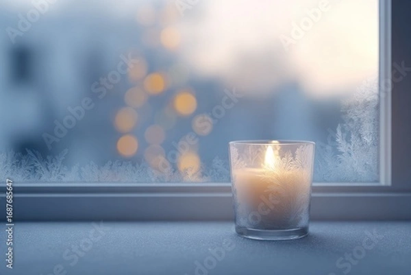 Obraz Soft candlelight flickers beside frosted window, creating warm a