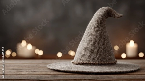 Obraz Soft witch hat placed on wooden surface, illuminated by flickeri
