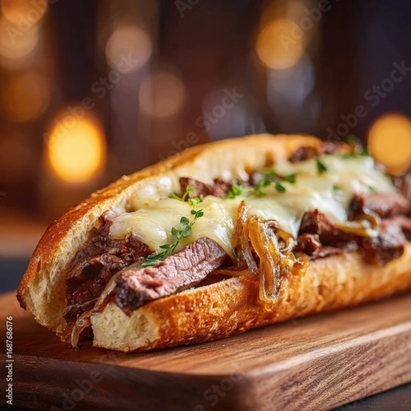 Fototapeta Thinly sliced steak topped with melted provolone cheese and onions on a hoagie roll