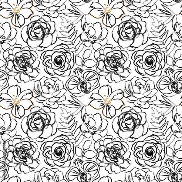Fototapeta Floral black and white seamless pattern