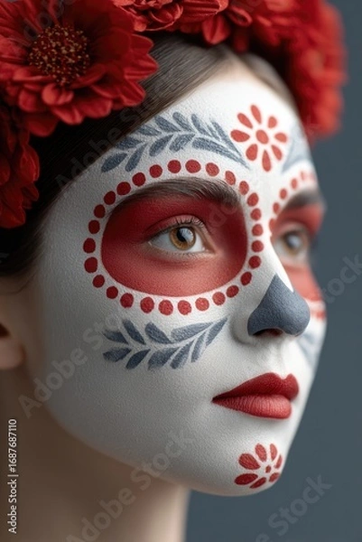 Obraz Elegant face adorned with intricate makeup and vibrant flowers,