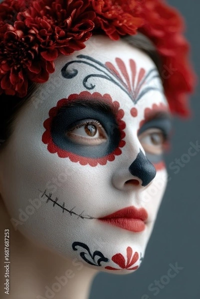 Obraz Intricate face paint adorned with floral accents, capturing cult