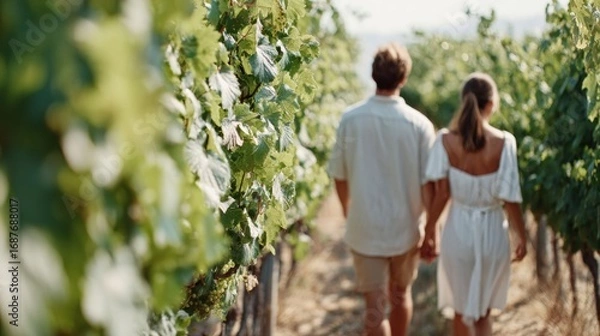 Obraz Couple strolling hand in hand through lush vineyard, enjoying se