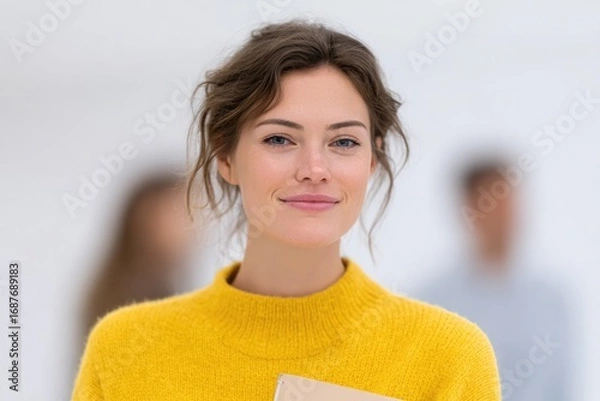 Obraz Smiling woman in bright yellow sweater holds folder, exuding con