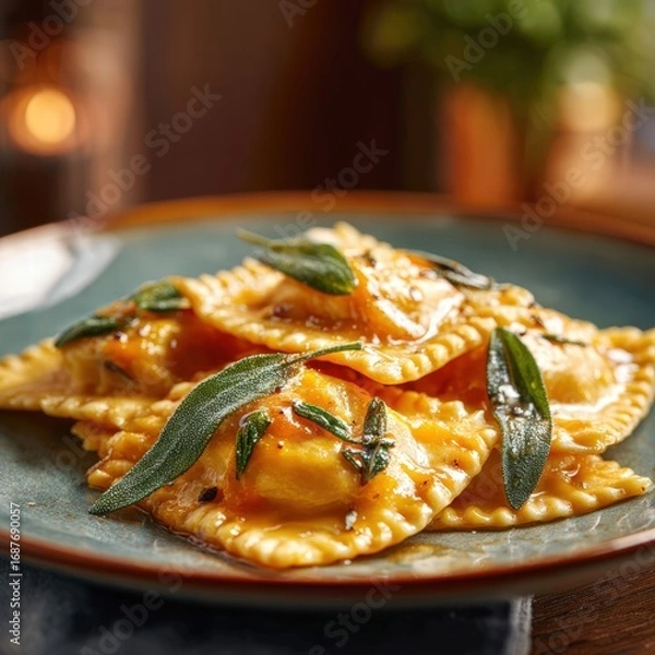 Fototapeta Homemade ravioli filled with roasted butternut squash and topped with a sage brown butter sauce
