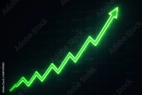 Fototapeta Green Growth Curve: A neon green upward-trending graph signifies robust financial growth and progress, a compelling visual for business and investment content.