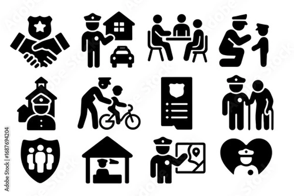 Fototapeta Community Policing Icons. Solid style icons of community policing: handshake with badge, neighborhood patrol icon, community