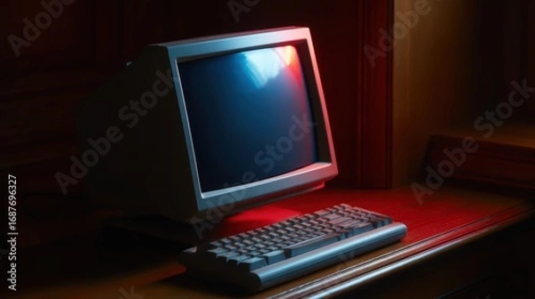 Fototapeta old computer retro setup, CRT monitor glowing, vintage tech office, nostalgic computing aesthetic