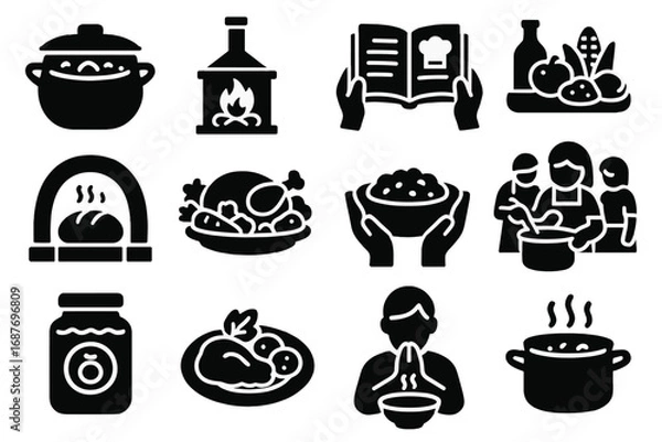 Obraz Traditional Cooking Icons. Solid style icons of food and cooking traditions: clay pot meal, woodfire stove, passed-down recipe,