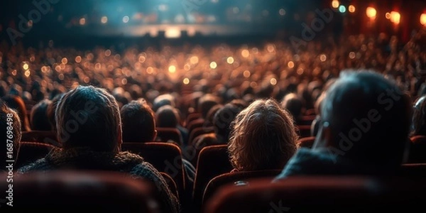 Fototapeta Crowd of spectators seated in an auditorium during a performance with lights dimmed and warm ambiance in the evening