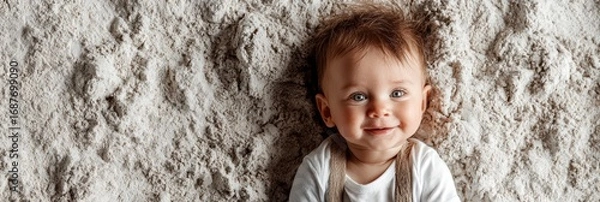 Fototapeta Cute baby with tousled hair smiling on textured surface at home during afternoon playtime