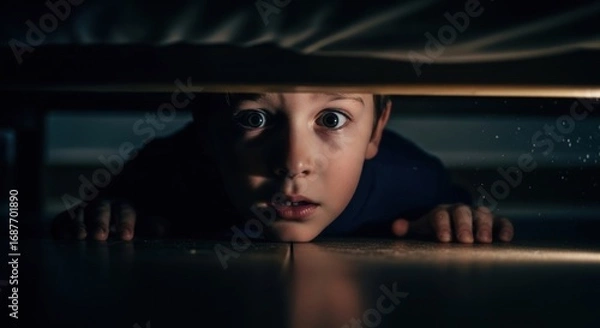 Fototapeta Child looking from under bed with wide eyes. Scary and creepy moment for horror and nightmare concepts. Halloween theme.