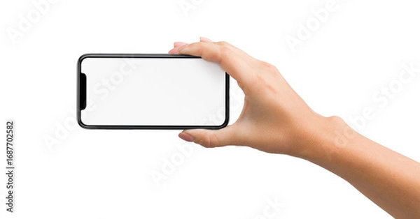 Fototapeta Woman hand holding smartphone with blank screen in horizontal orientation, isolated on white background