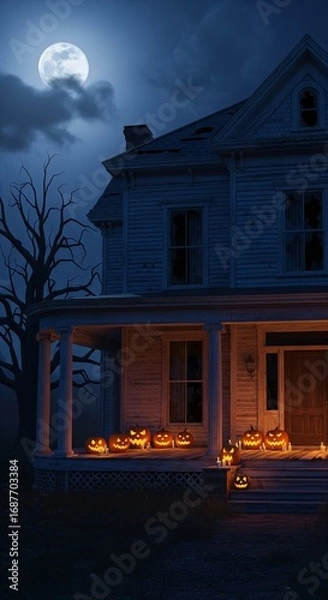 Fototapeta AI-Generated Haunted House on a Halloween Night with Jack-o'-Lanterns and Full Moon