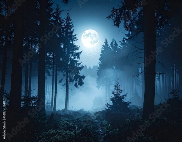 Fototapeta AI-Generated Spooky Full Moon Halloween Night in Dark Forest with Wolf and Bats