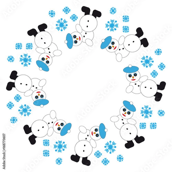 Fototapeta Falling snowman with snowflakes in ring on white  background