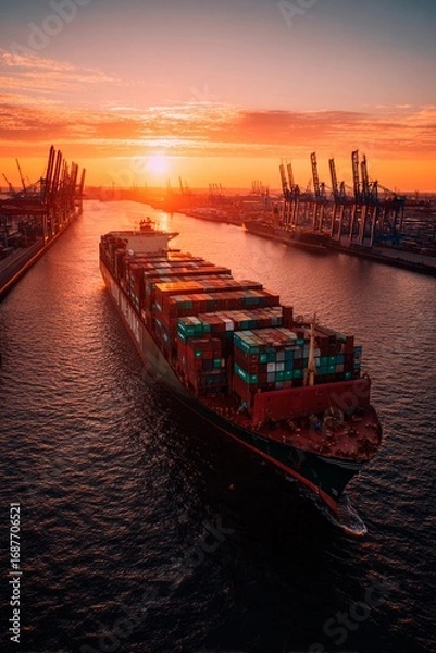 Fototapeta A large cargo ship moves through a bustling port as the sun sets, casting warm colors across the sky. Industrial cranes loom in the background, creating a vibrant atmosphere