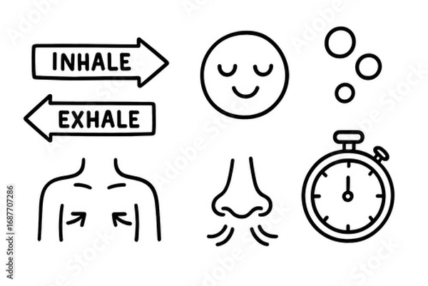 Fototapeta Breathing Exercise Doodles. Breathing exercises: hand drawn doodles of inhale/exhale arrows, calm face, breath bubbles, chest rise