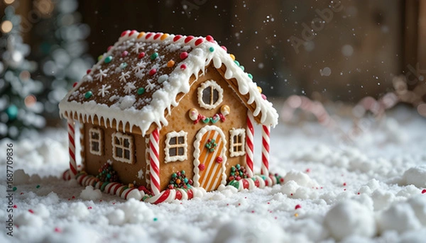 Fototapeta Festive gingerbread house in snow, perfect for Christmas.A beautifully decorated gingerbread house sits nestled in a bed of simulated snow, showcasing intricate icing details, colorful candies, and ca