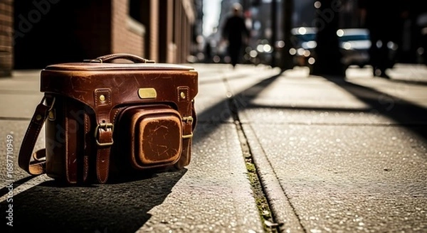 Obraz Stylish vintage leather camera bag sits abandoned on a city sidewalk on a sunny day, evoking a sense of mystery and adventure.