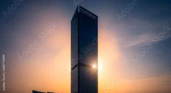 Obraz Modern skyscraper silhouetted against a vibrant sunset, showcasing urban architecture and city skyline.
