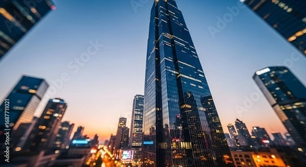 Obraz Stunning cityscape at sunset: Modern skyscrapers illuminated against a vibrant twilight sky.