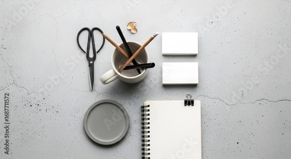 Obraz Elevated workspace flat lay featuring essential stationery items like notebooks, pencils, and scissors on a speckled gray backdrop for a modern, minimalist aesthetic.