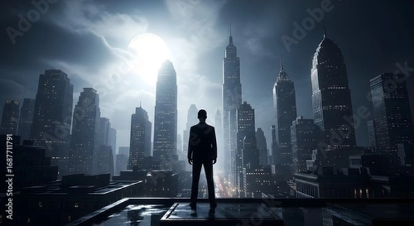 Obraz Lone businessman silhouetted against a full moon over a moody cityscape at night.