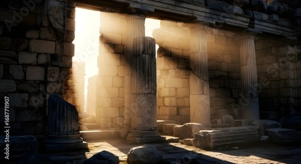 Obraz Sunlit ancient ruins, bathed in warm light. Classic architecture with columns, crumbling stonework, and mysterious atmosphere for historical designs.