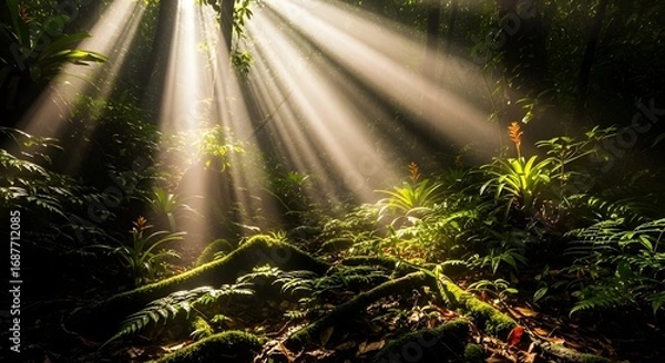 Obraz Sunbeams streaming through lush tropical rainforest vegetation, creating a magical and serene atmosphere.