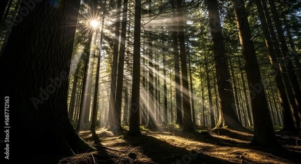 Obraz Magical golden sunbeams pierce through a majestic forest of tall trees, illuminating the tranquil path and creating a serene, ethereal scene.