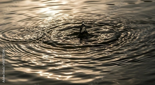 Obraz A single water droplet creating ripples and reflections on a dark, reflective water surface, evoking tranquility.
