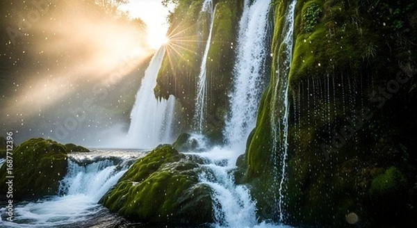 Obraz Majestic Waterfall Cascading Down Mossy Cliffs at Golden Hour, Nature Photography
