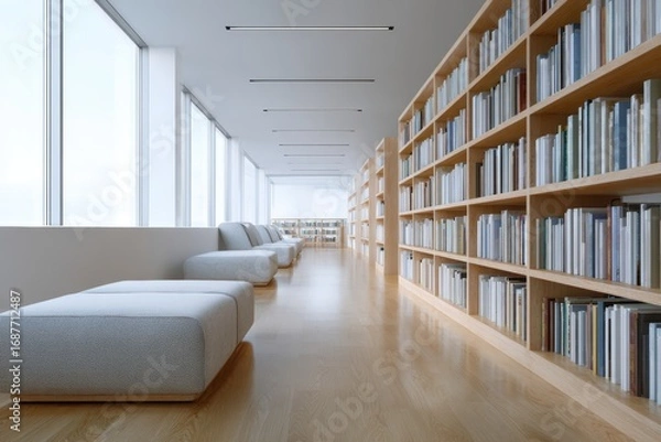 Fototapeta A modern library with tall bookshelves, comfortable reading areas, and large windows letting in daylight