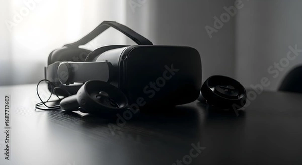 Obraz Modern VR headset with controllers resting on a dark table, ready for immersive gaming or virtual experiences.