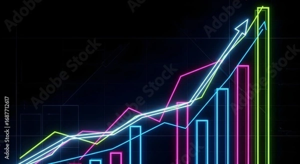 Obraz Futuristic neon bar and line graphs depicting rapid financial growth, market success, and advanced data analytics in a digital economy.