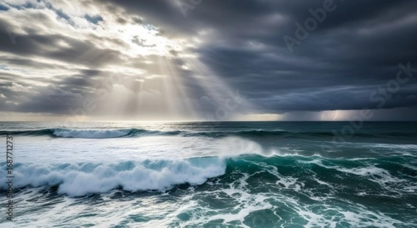 Obraz Dramatic seascape with breaking waves, sunlight beaming through storm clouds: powerful ocean scenery, moody atmosphere, and dynamic energy.