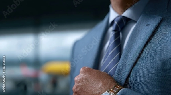 Fototapeta A photorealistic shot of a busy airport, with a business man looking at his watch, ready for business travel.